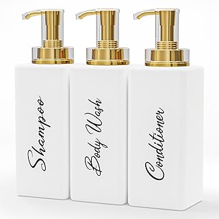 Akalin Refillable Shampoo and Conditioner Bottles, 16oz White and Gold Soap Dispenser Bathroom, Shampoo and Conditioner Dispenser for Bathroom Lotion Body Wash Massage Oils (White)