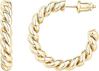 PAVOI 14K Gold Plated 925 Sterling Silver Twisted Rope Round Hoop Earrings in Rose Gold, White Gold and Yellow Gold