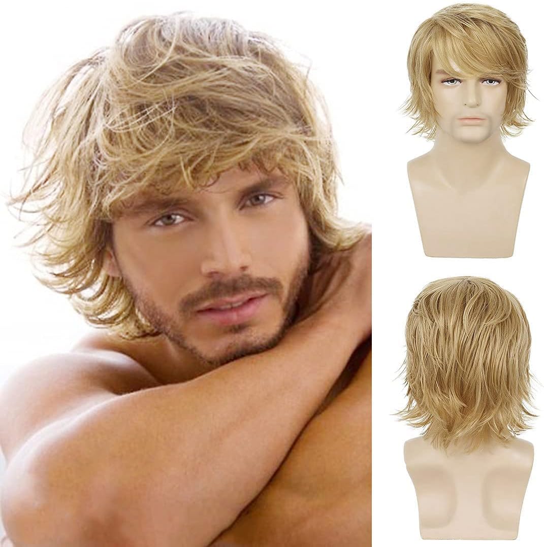 Qnbiar Mens Blonde Wig Short Fluffy Layered Blonde Wig Natural