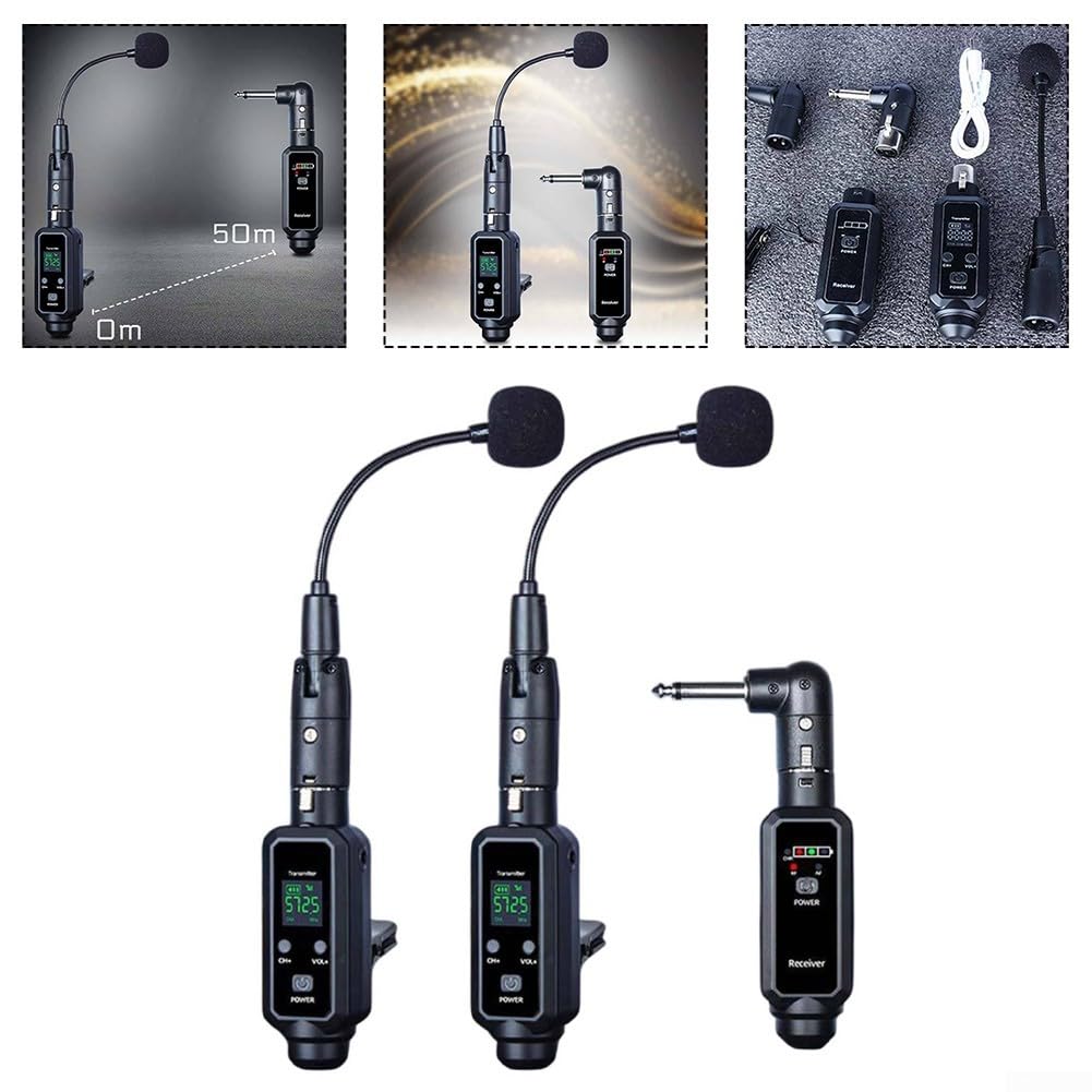 Micrófono inalámbrico recargable para flauta de trompeta de saxofón, sistema de micrófono de mano UHF con clip, reducción de ruido para escenario (1 en 2)
