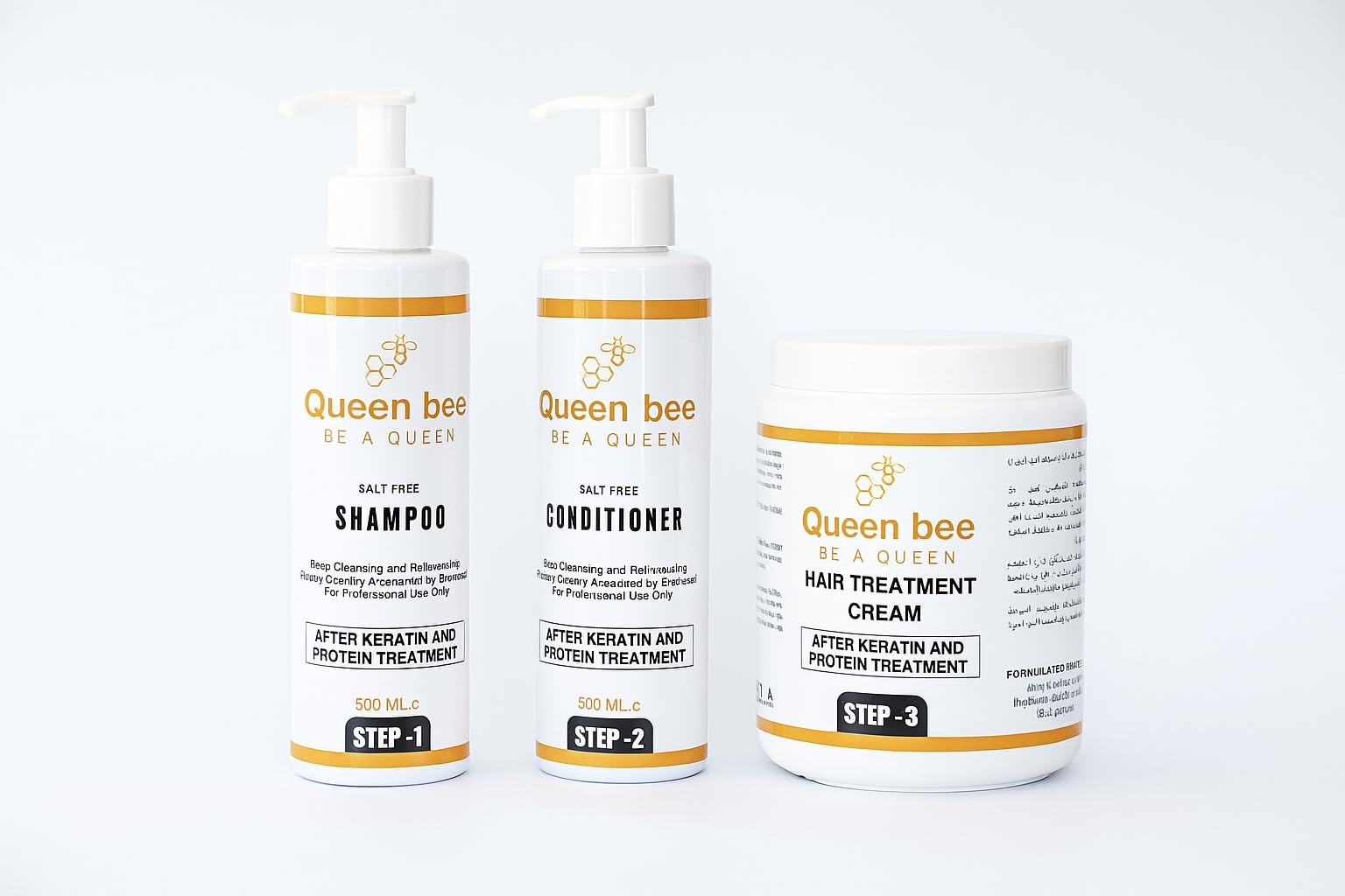 Queen Bee After Keratin & Protein Treatment Set - Home Care Set with Salt-Free Shampoo (500ml), Salt-Free Conditioner (500ml), and Hair Treatment Cream (1000ml)