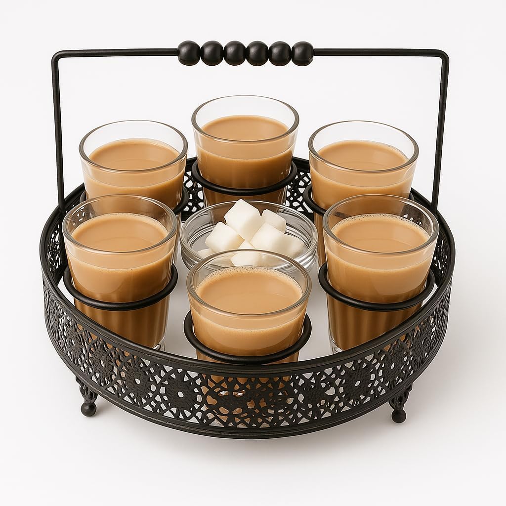Tapri Style Cutting Chai Glass Set of 6 with Heavy Metal Stand | Desi Cutting Tea Glasses for Home & Café | Premium Tapri Tea Cups for Kitchen, Office Pantry, Restaurants & Gifting