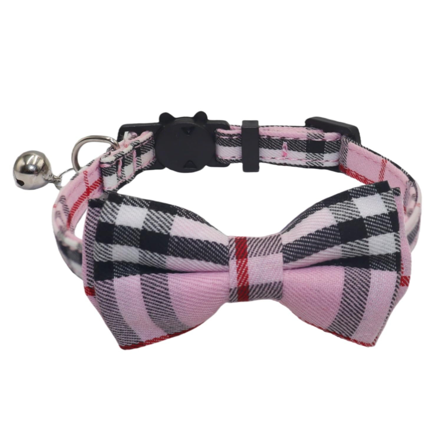 THAIN Cat Collar Breakaway with Bell and Bow Tie Safety Buckle Pink Plaid Pattern Adjustable 7-11 inches for Kitten Cats(Pink Plaid)