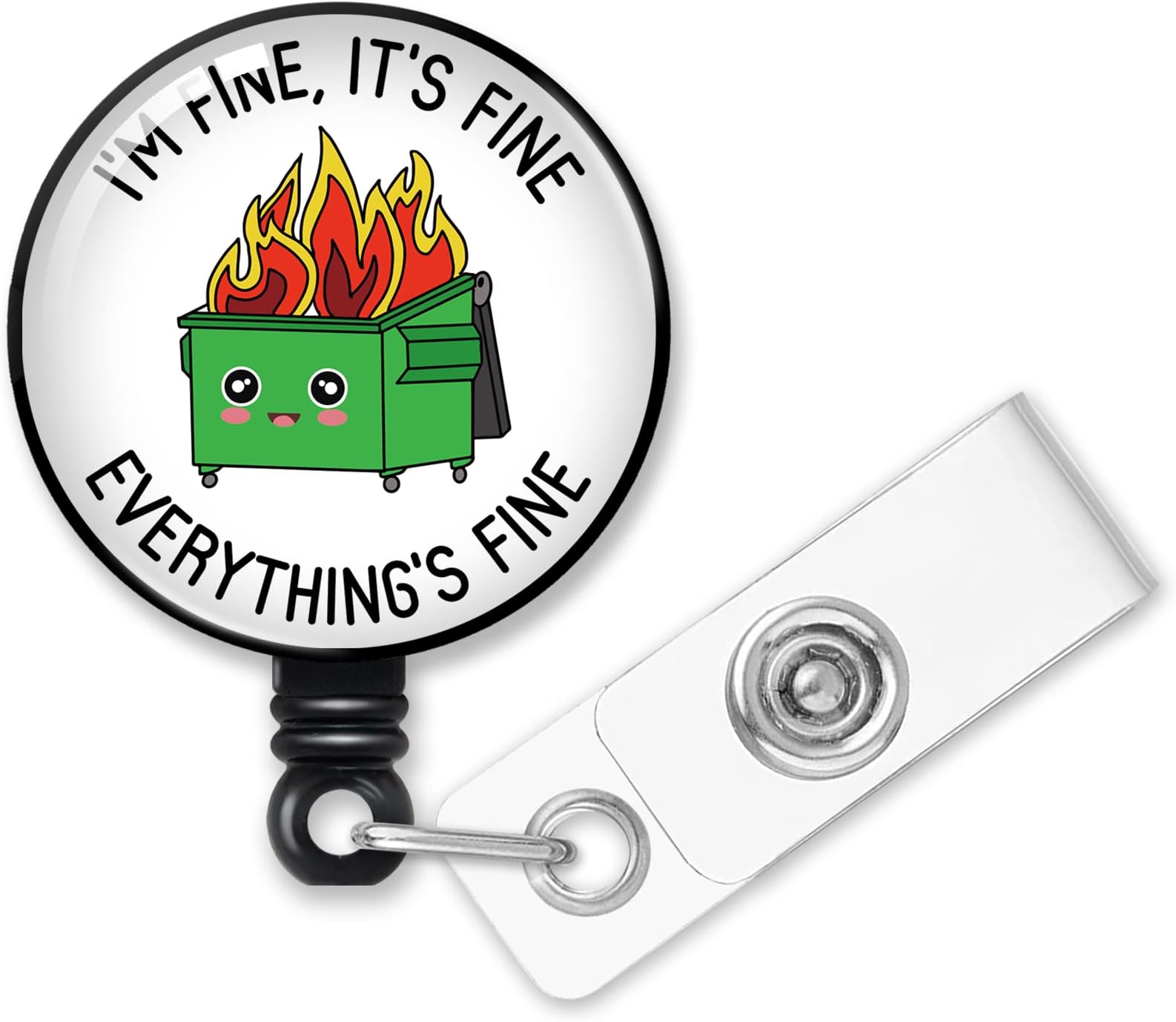 Retractable I'm Fine It's Fine Everything's Fine Badge Reel with Alligator Clip, Funny Dumpster Fire Badge Holder Gift for Doctors Nurses Firefighters Social Worker Office Worker Boss Colleague