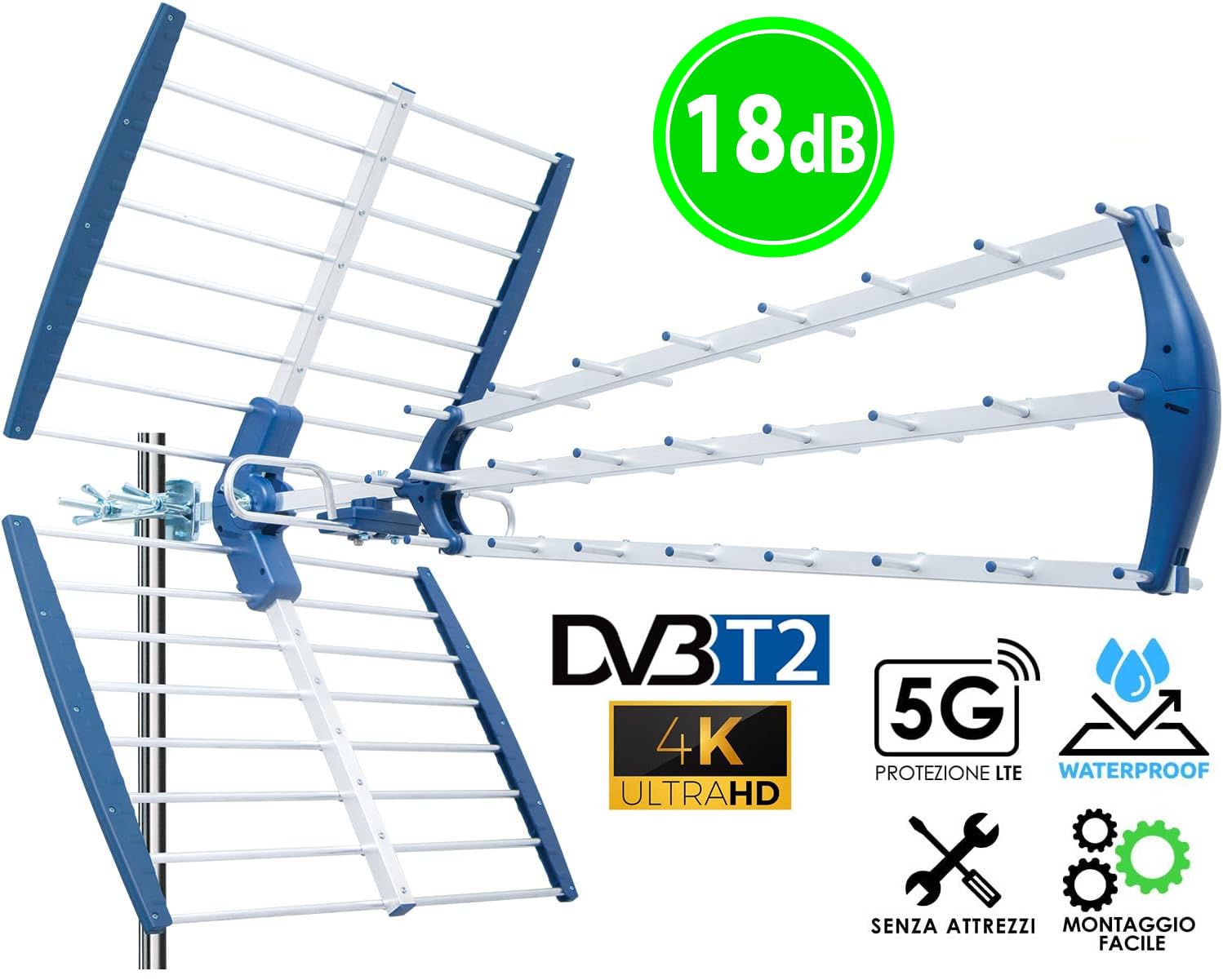 ANFEL 18db Antenna TV tripla Digitale Terrestre 4K ULTRA HD UHF 21-48 esterno, con filtro 5G LTE, per Ricezione il segnale Digitale Terrestre DVB-T/T2, Frequenze 470-694Mhz (ANFEL 18 dB)