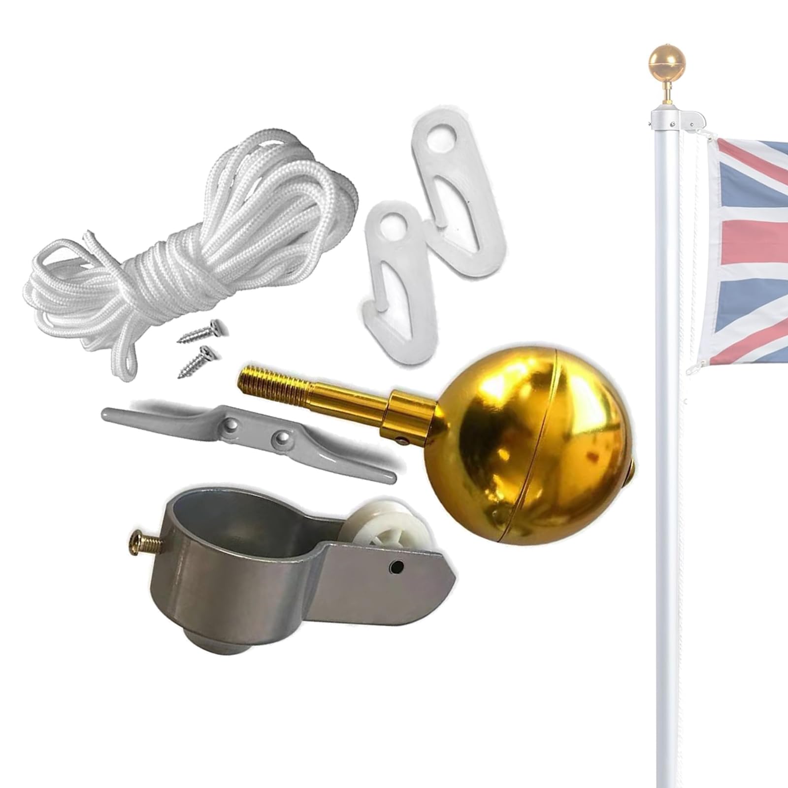 8Pcs Flag Pole Repair Parts Kit with 1 flag rope + 1 flagpole top ball + 1 cleat hook + 2 flagpole hook clamps + 1 flagpole truck + 2 screws-picture-11
