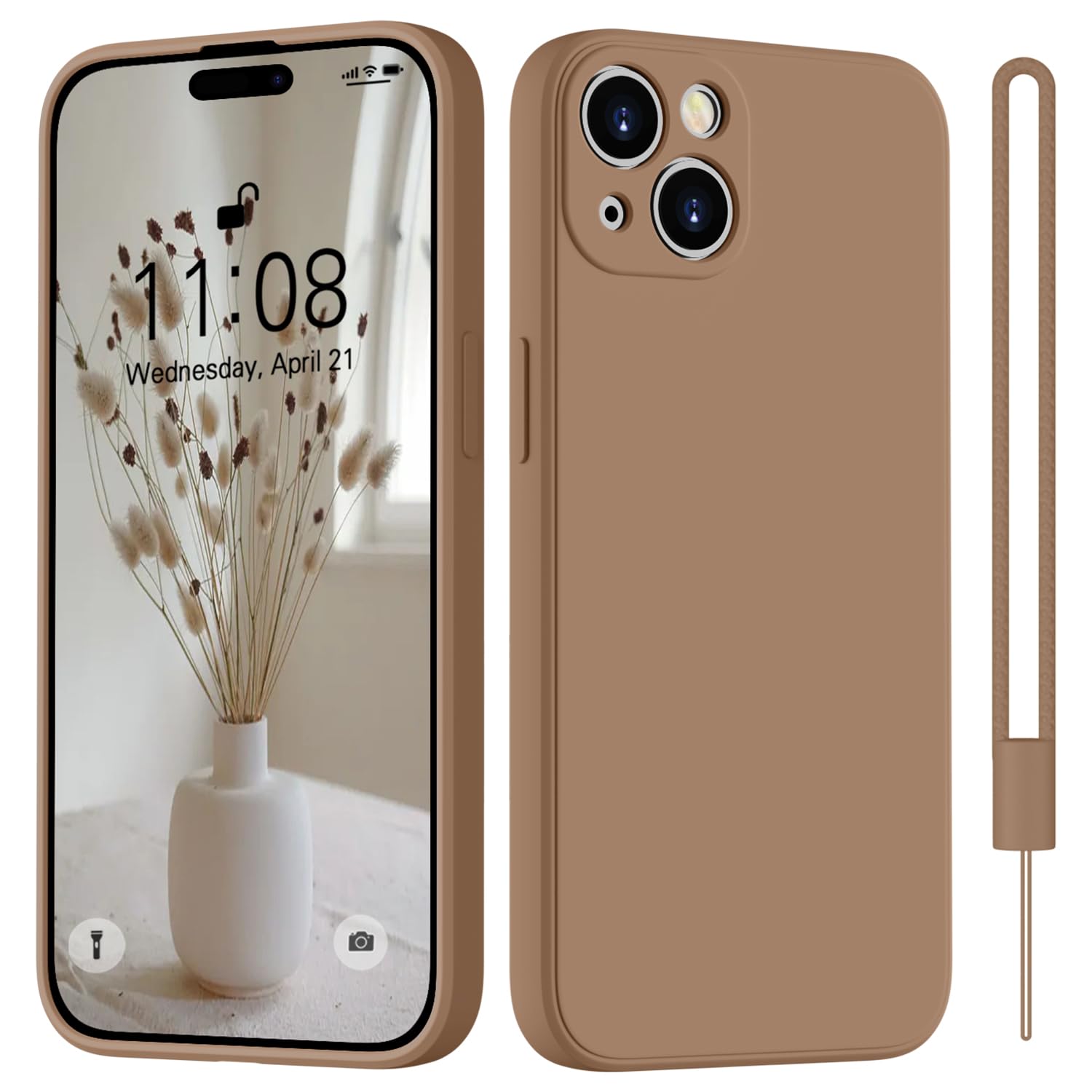 HGH für iPhone 15 Hülle Silikon mit 1 Lanyard, Handyhülle für iPhone 15 Case Ultra Dünne Rundumschutz mit Weichem Microfiber-Innenfutter Stoßfeste Kratzfest Schutzhülle - Braun