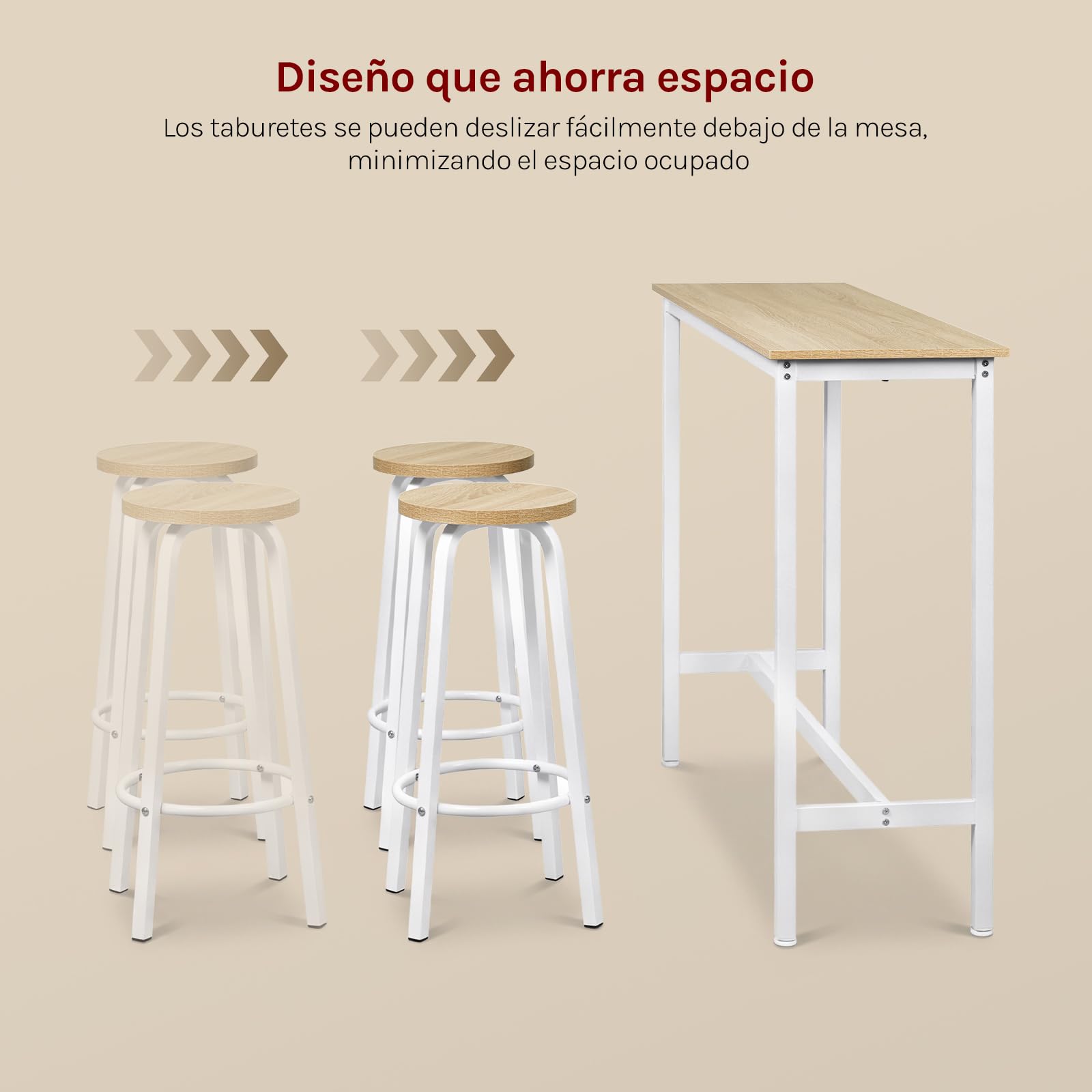 WOLTU Set Mesa de Bar y 2 Taburetes, Muebles de Bistro de Comedor para Salon, Barra Cocina con Estructura de Metal, 120x40x100cm, Blanco + Roble Claro