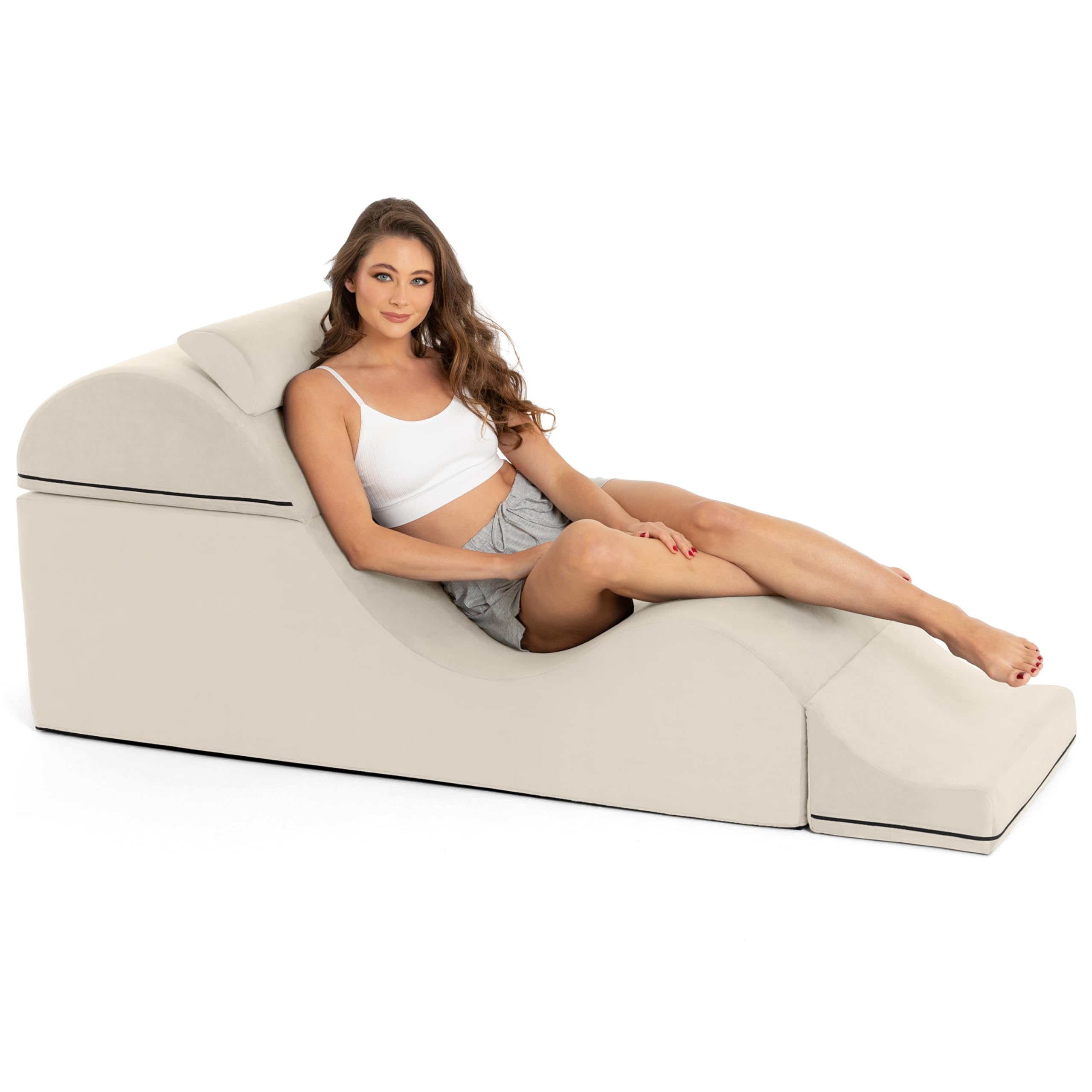 Avana Kami Convertible Chaise/Bed Bench for Yoga & Massage - 2-in-1 End of Bed Ottoman with Concealed Fold Out Yoga Lounge Chair, 22" Wide, Microvelvet Bone Ivory