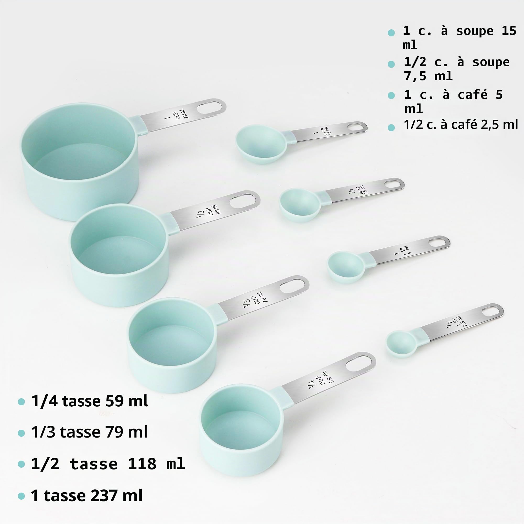 Lot de 8 tasses et cuillères à mesurer en acier inoxydable outil de mesure pour liquides et solides ustensiles de cuisine