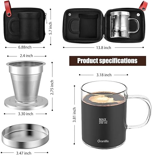 Miniatura 5 de Oranlife Juego de cafetera para viajescampamentossenderismo, taza individual, filtro de café de acero inoxidable, taza de vidrio de borosilicato de