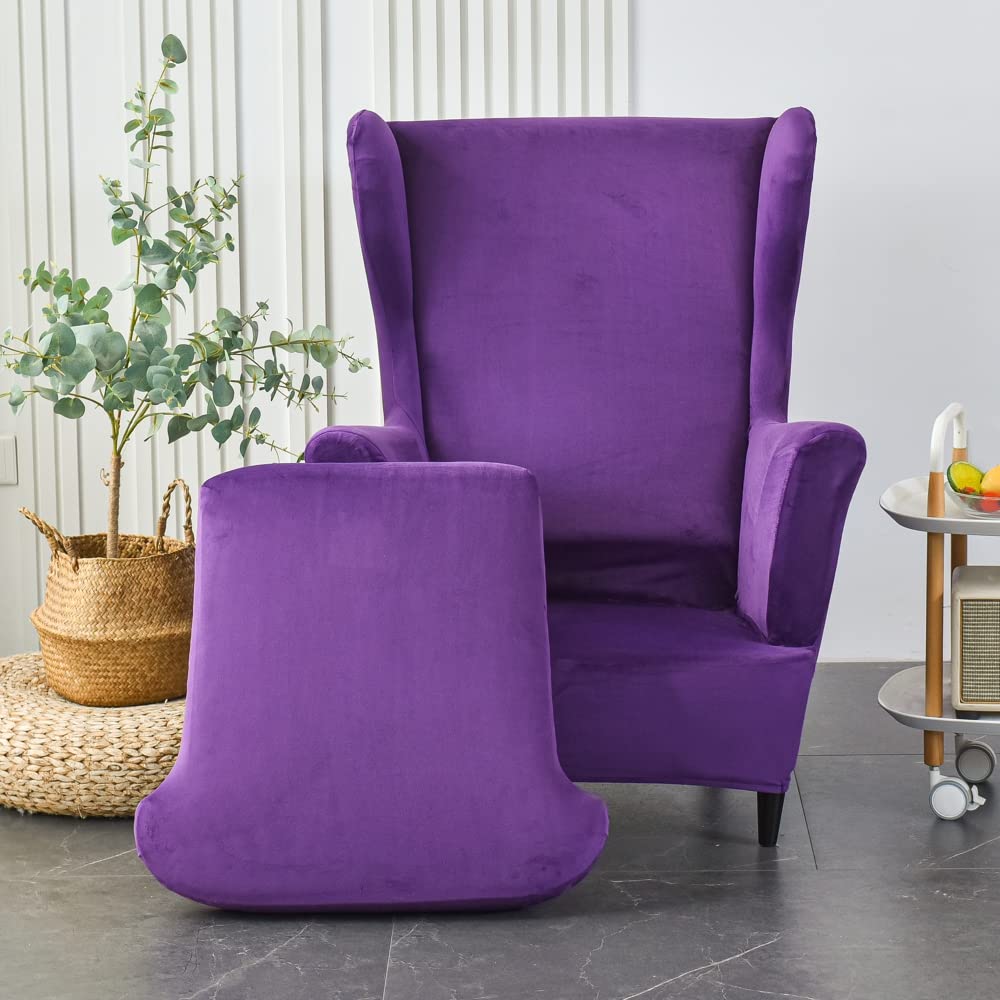 MIFXIN Wing Chair Slipcover 2 Piece Set Velvet Stretch Wingback Chair Cover with Cushion Cover Soft Washable Armchair Furniture Protector for Living Room Bedroom (Purple)