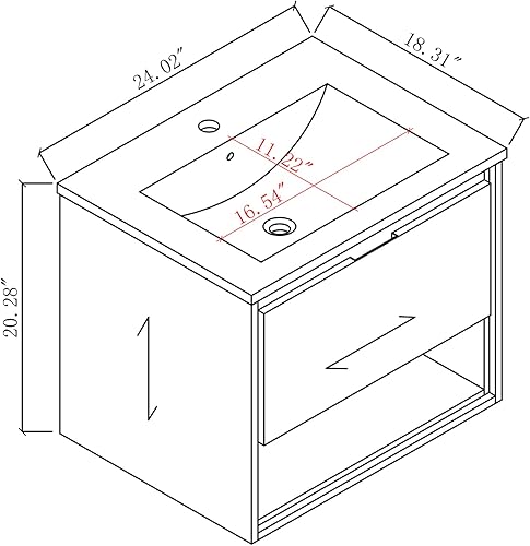 Miniatura 2 de NEWTIK Juego de tocador de baño de 24 pulgadas, pequeño armario de baño flotante montado en la pared con fregadero de desbordamiento y cajón de