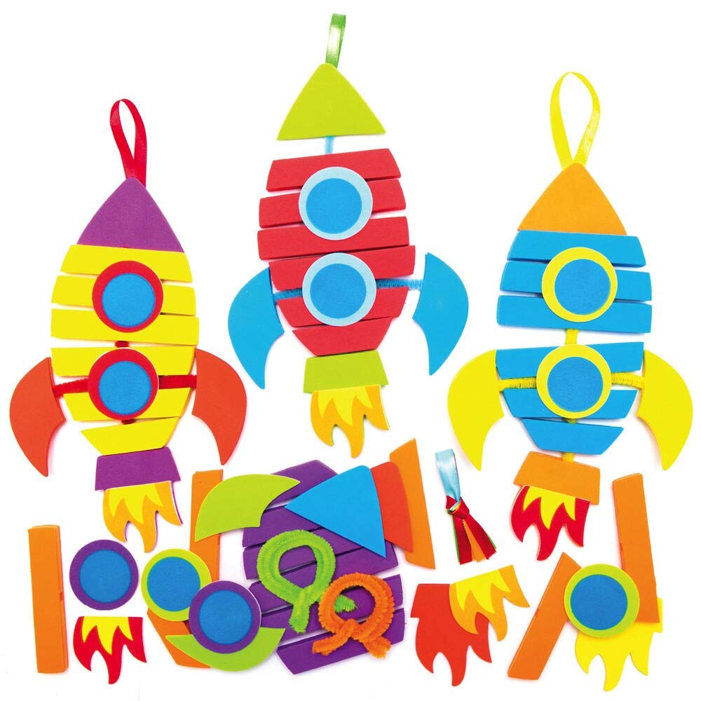 Baker Ross AX194 Stacking and Matching Rocket Kits - Pack of 6, Make Your Own Ornaments for Children's Craft Activities or Art Parties and Small Gifts