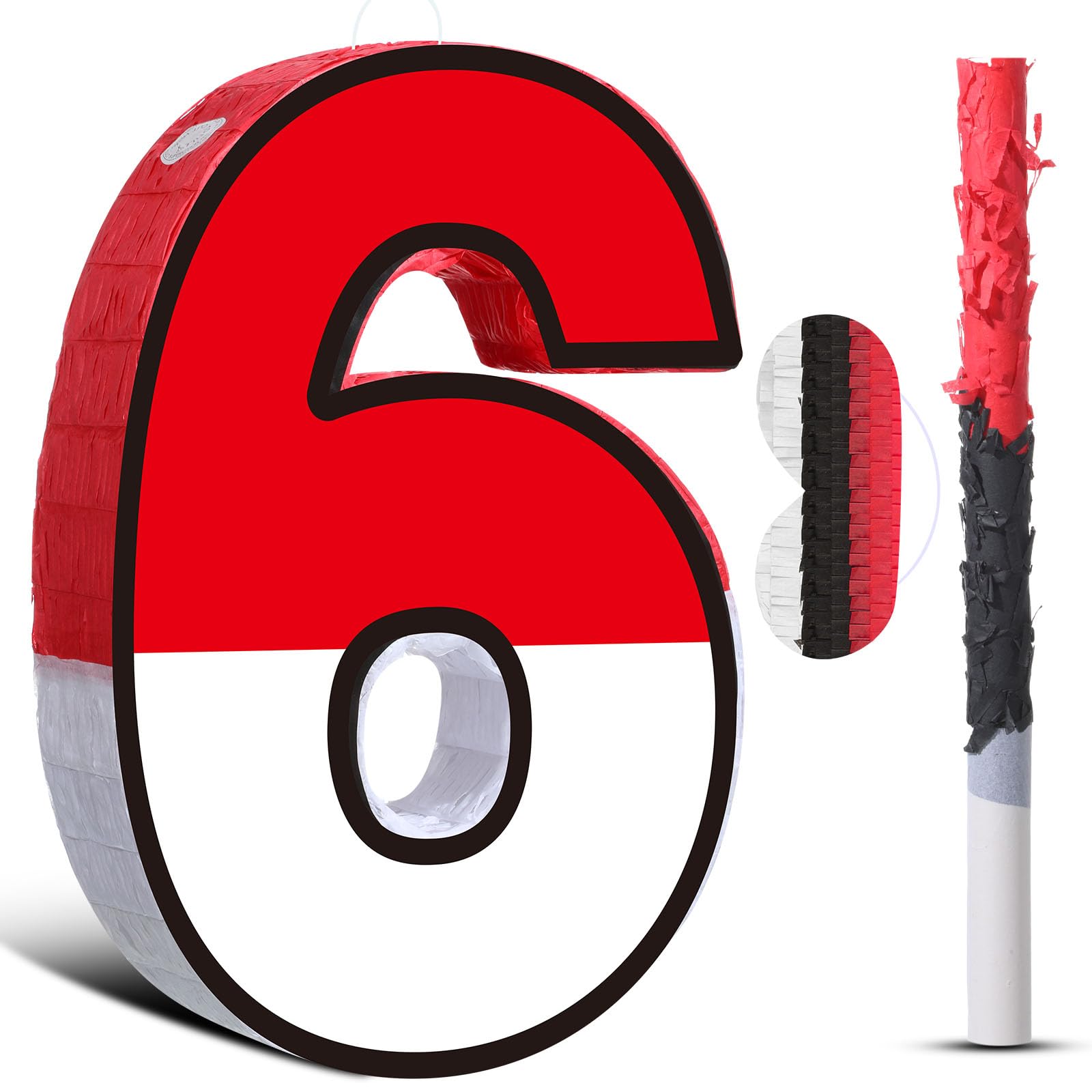 Pasimy Number 6 Piñata Red and White Cartoon Animation Piñata with Stick Blindfold Confetti for Video Game Birthday Party Baby Shower Anniversary