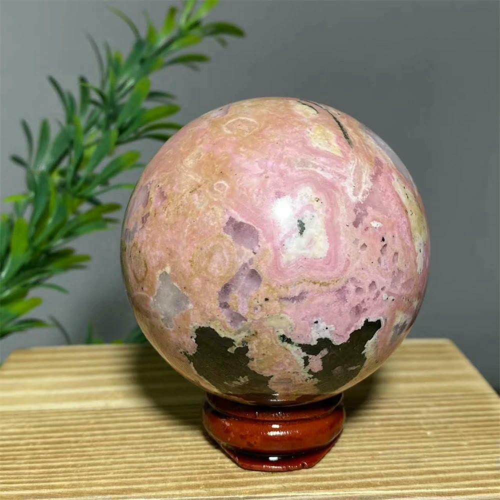 MIONGKI Ornaments Rhodochrosite Sphere Ball Black Tourmaline Healing Room Decoration Wichcraft Meditation Reiki Witchcraft +Stand