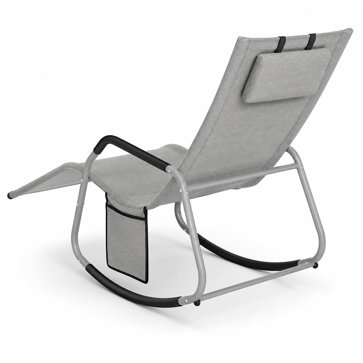 Sedia A Dondolo Ergonomica Da Esterno Con Cuscino Antiribaltamento E Tasca Laterale Sdraio Da Giardino Con Tela In Textilene E Telaio In Acciaio 151 x 56 x 90 Cm Grigio