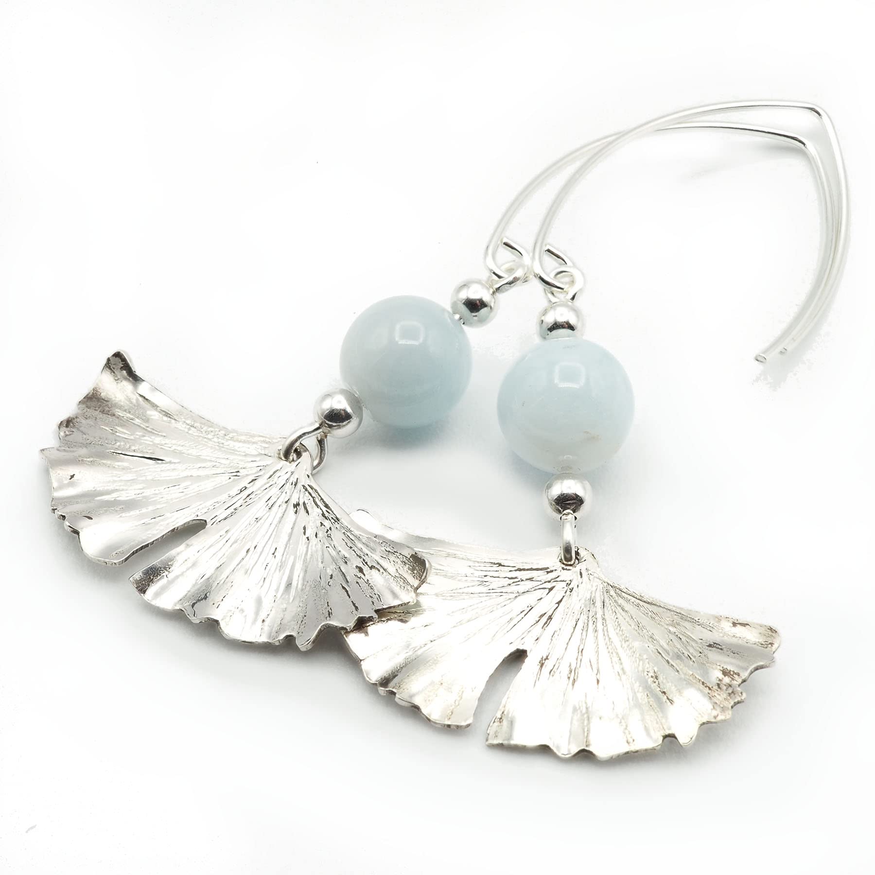 Pendientes de Aguamarina y Plata 925, Diseño de Hoja Ginkgo Biloba, Largos 60 mm