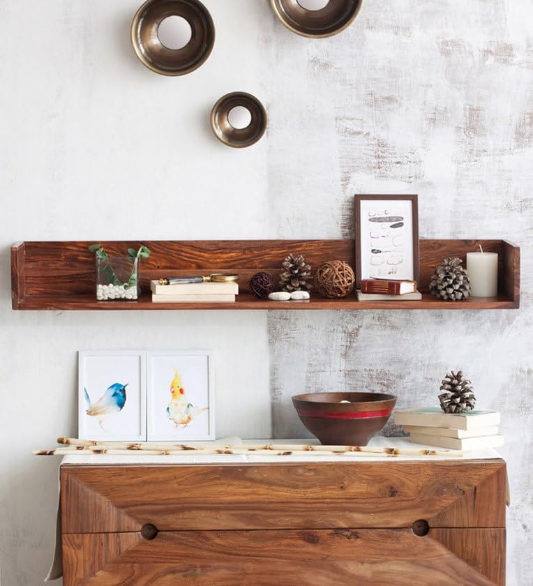 Image of Solid Wood Floating Wall Shelves (Set of 3) | Premium Wooden Wall Mounted Shelves for Living Room, Bedroom & Office Decor | Teak Finish | 28 /34 /46 Inch
