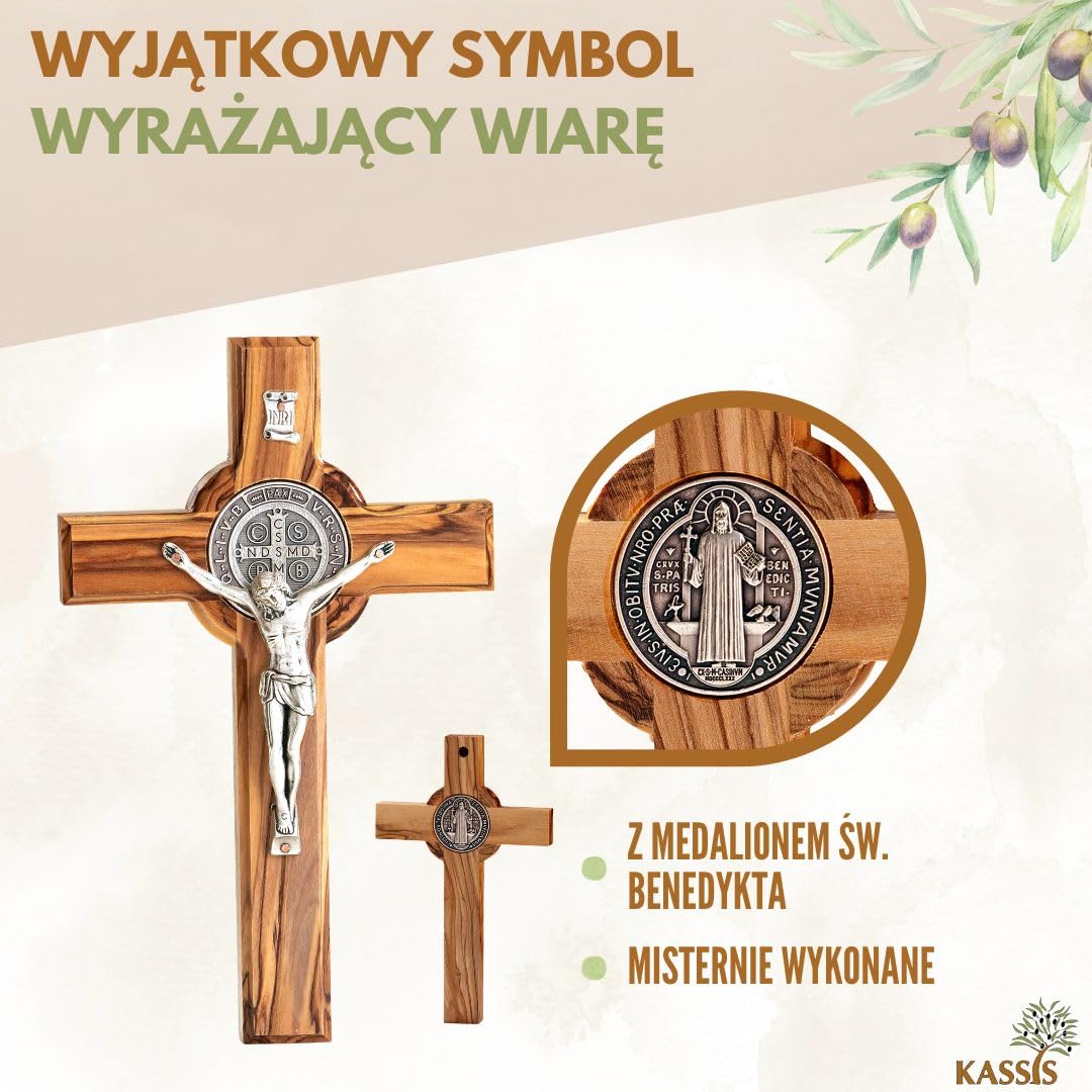 KASSIS ręcznie robiony krucyfiks św. Benedykta - 20 cm krzyż ścienny z drewna oliwnego - trwały prezent na bierzmowanie, komunię i chrzest - dekoracja religijna, błogosławieństwo domu