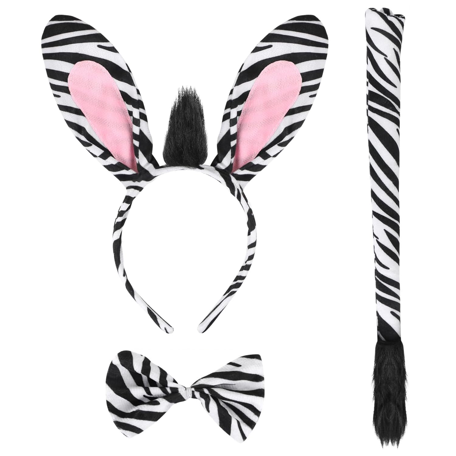 HeHeGe Furry Animal Costume Set - Zebra/Leopard/Giraffe - Headband, Tail & Bow Tie - Birthday/Christmas & Party (zebra) — image 1