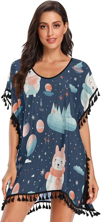 Blue Cute Star Rabbit Womens Beach Cover Up Chiffon Tassel Swimwear Swimsuit Coverups for Girl
