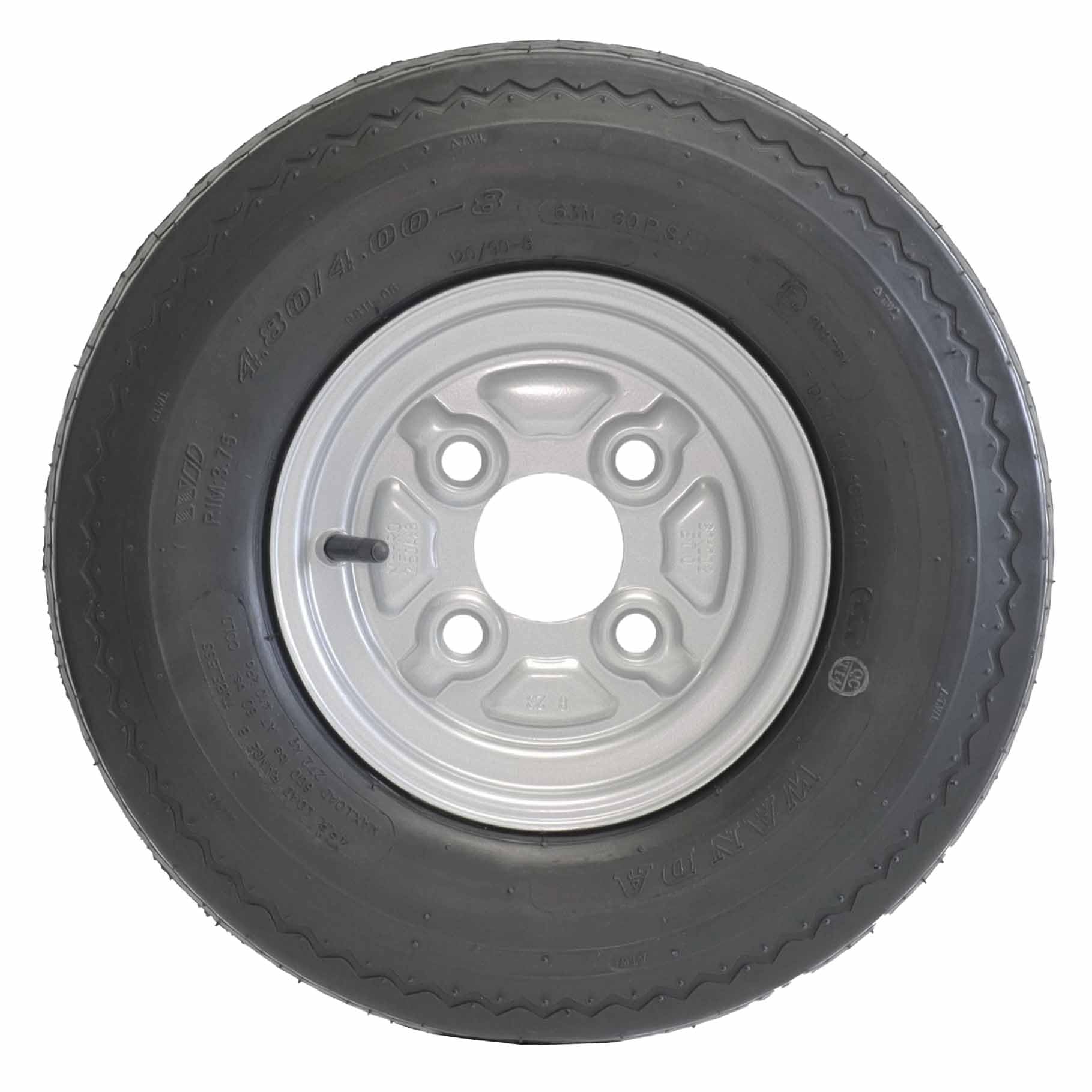 The Drive | 2x Komplettrad 4.00-8/4.80 62N für kleine Pkw-Anhänger | Felge 2,50x8 ET0 / ML60 – Lochkreis 4x100 | Tragkraft je 265kg – max. 140 km/h