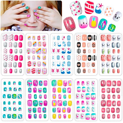 240 Pieces Fake Nails for Kids Girls Artificial Kids Press on Nails Pre Glue Full Cover Short Acrylic Stick On Nails False Nail Tips Kit for Children Little Girls Nail Art Decoration (Lovely)