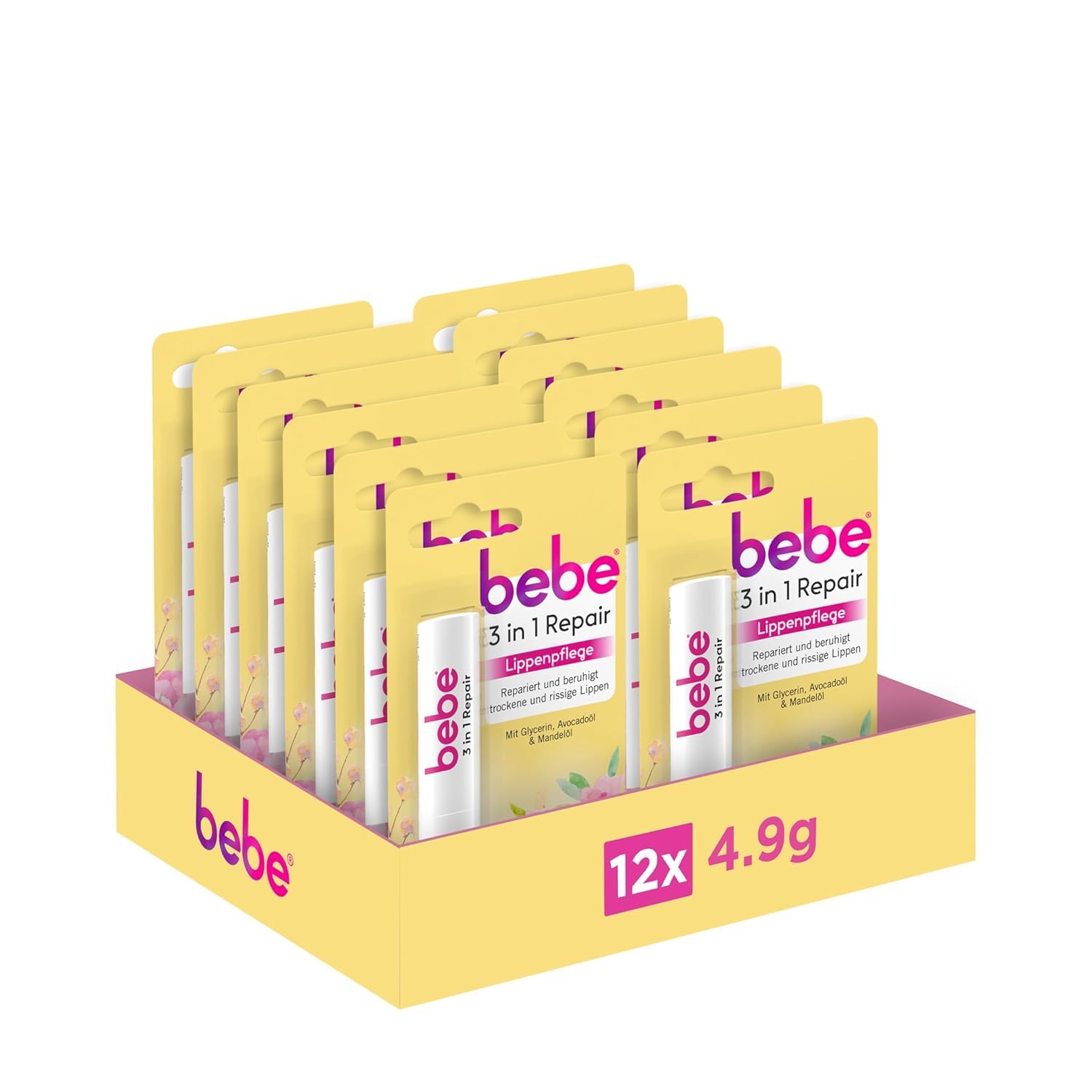 bebe 3in1 Repair Lippenpflege mit Glycerin, Avocadoöl & Mandelöl, der Lippenpflegestift repariert und beruhigt trockenen & rissige Lippen, ohne Mineralöle