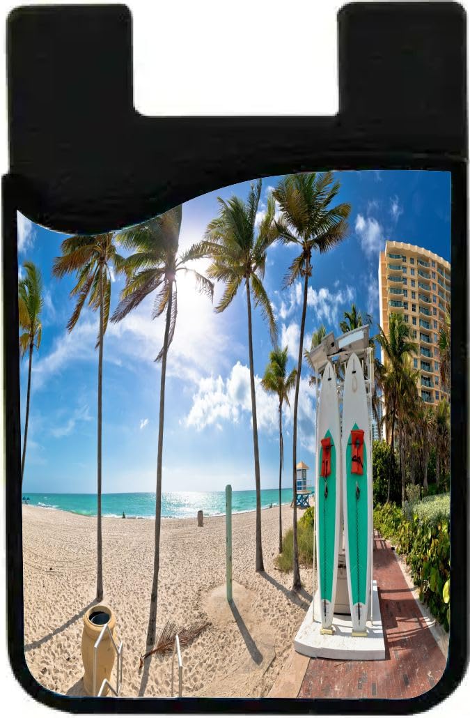 Island Gifting Neoprene Stick-on ID Card Holder for iPhone/Galaxy/Google Android Cases Featuring Image of Turquoise Palm Beach in Hollywood USA
