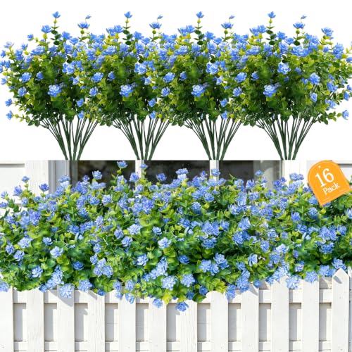 BCBLF No Fade Artificial Flowers Outdoors, 16 Bundles Realistic Floral Greenery Plants UV-Anti Plants Fake Boxwood for Outdoor Indoor Home Garden Porch and Window Box Décor – Blue