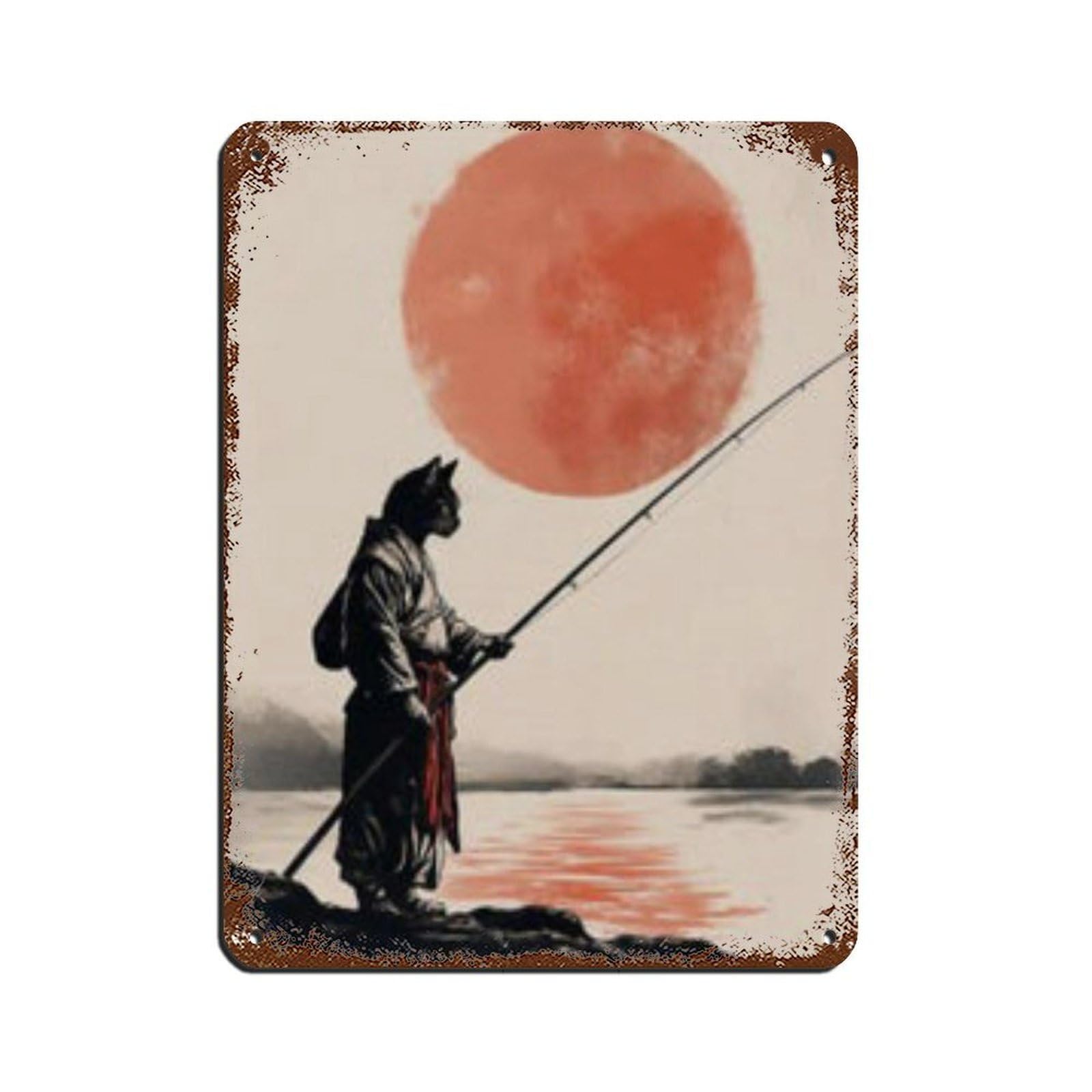 Lxwnze 30L X 40W Cm Samurai Cat Fishing Art Poster Retro Poster Metal Tin Sign Chic Art Retro Iron Painting Bar People Cave Cafe Family Garage Poster Wall Decoration 12X16inch(30X40cm)