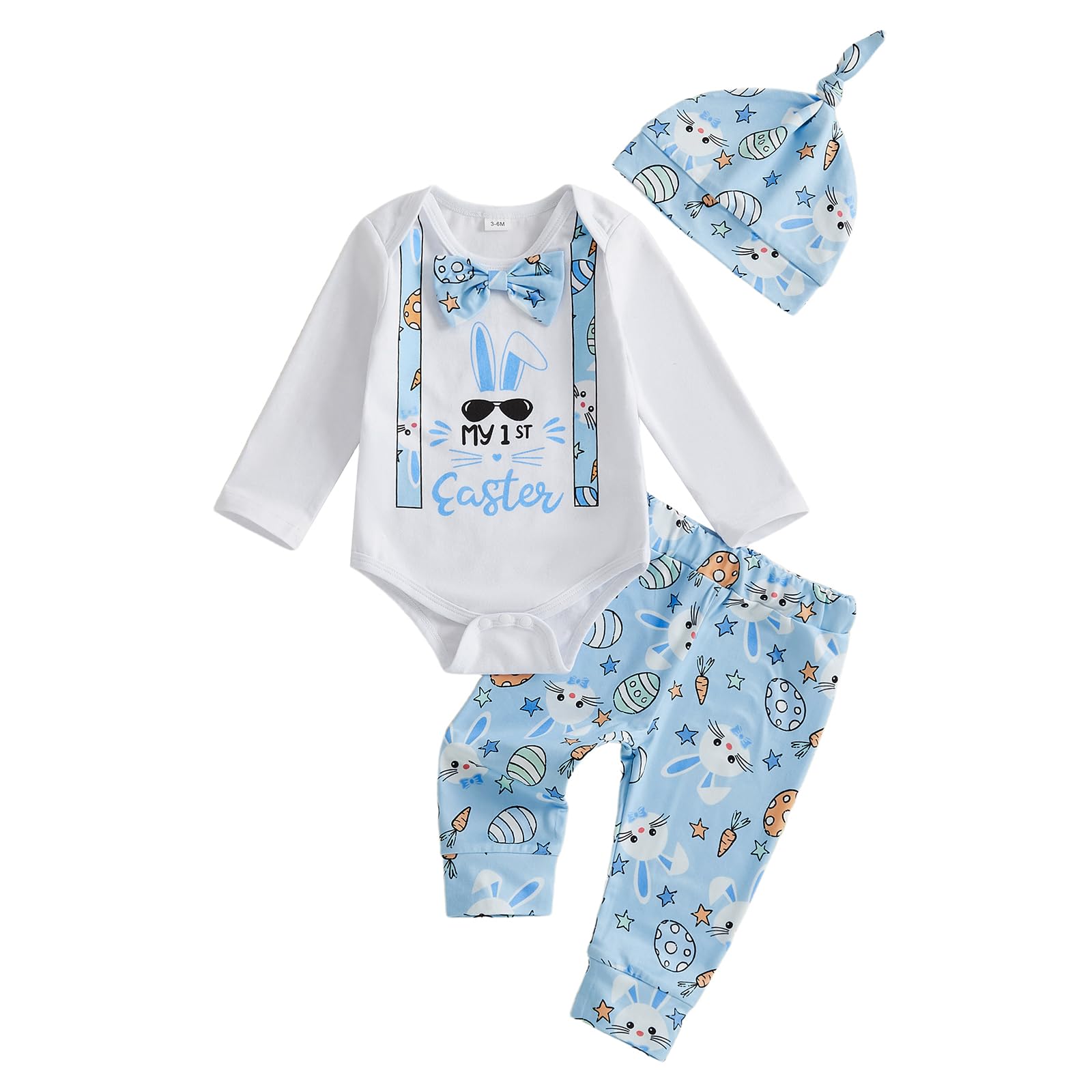 Nsywmzy Infant Baby Boy Easter Outfit Bunny Print Long Sleeves Romper Suspender Pants Bunny Ears Hat Newborn Clothing Set