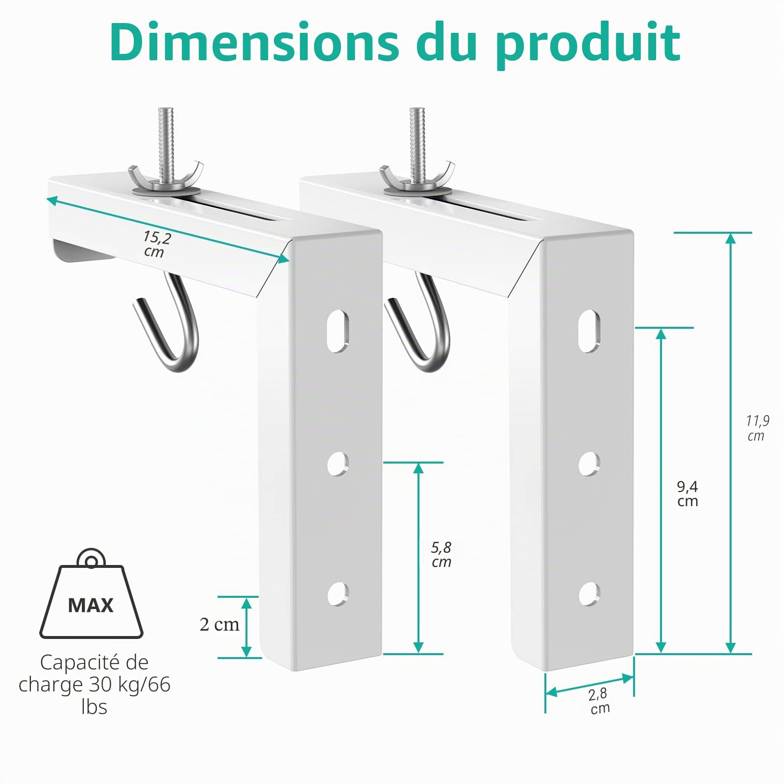 WALI Support pour écran de projecteur, Support Mural en L, Extension réglable de 6 Pouces avec kit de Crochets, positionnement de l'écran de projecteur supportant jusqu'à 66 Livres (PSM001-W), Blanc