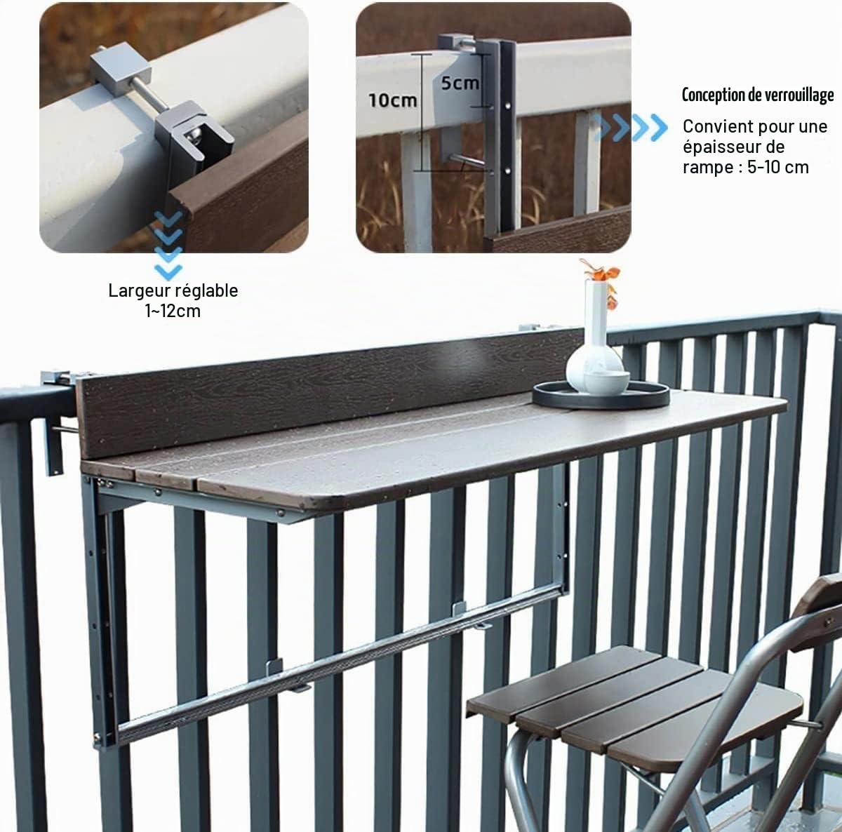 Table de Balcon Rabattable, Table Suspendue avec 5 Hauteurs Réglables pour Extérieur Jardin Terrasse, Table en Profilé D'aluminium Pliante de Garde-Corps