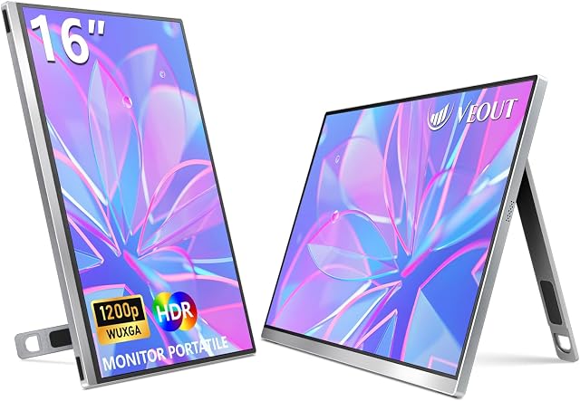 16" Moniteur portable, 1920 * 1200P IPS Moniteur portable avec USB-C, Libresync HDMI Moniteur de jeu avec un kiosque, disponible en quatre couleurs, 0.3" Ultra-Slim pour les voyages et l'utilisation de bureau