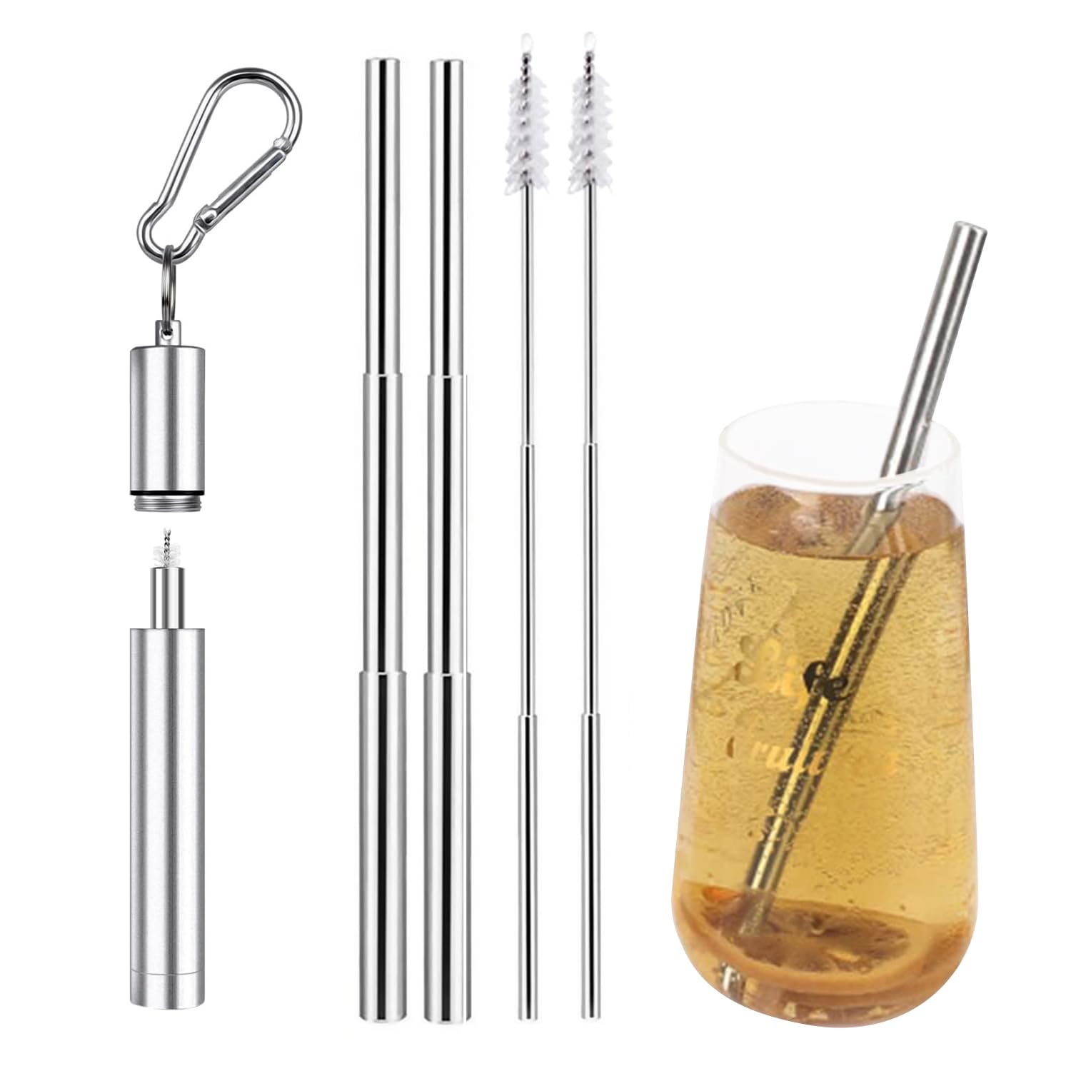 Collapsible Metal Drinking Straws, 2 Packs Telescopic Straw With Case and Cleaning Brush, Protable Resuable Straw For Travel, Camping