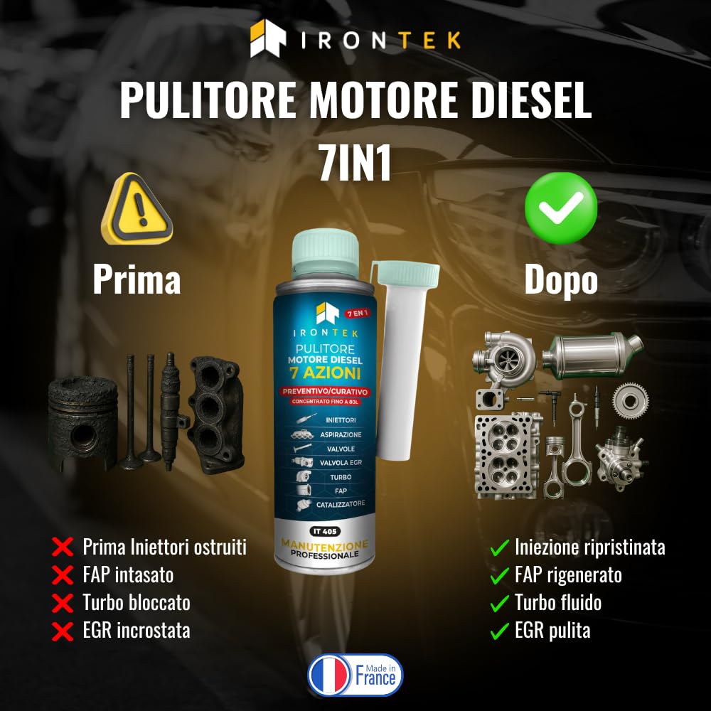 Pulitore 7in1 Motore Diesel - IRONTEK - 375ml | IT405 | 7 Azioni | Rigenerazione FAP Turbo EGR Iniettori | Formula Concentrata Preventiva e Curativa