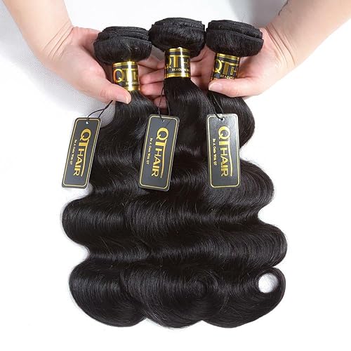 Miniatura 9 de QTHAIR - 3extensiones de cabello humano remy brasileño ondulado, 12 A, 18, 16 y 14 pulgadas, 10.58onzas, trama de cabello de color negro natural,