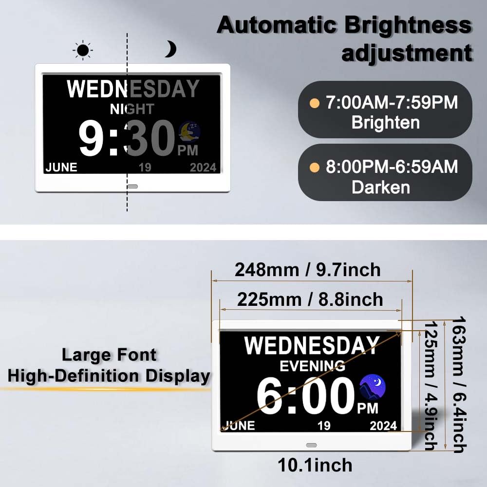 CAZOKASI Reloj digital con fecha y día de la semana para ancianos, 15 alarmas, recordatorio de medicamentos, demencia, Alzheimer, calendario con pantalla extragrande (blanco, 10.1 pulgadas)
