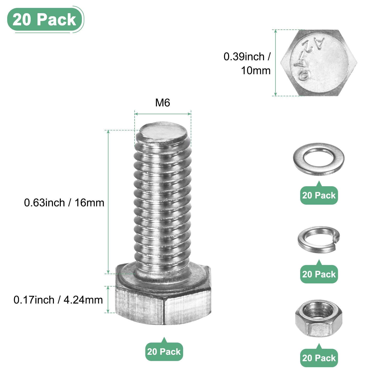 M METERXITY 20-Pack Hex Head Screw Bolt with Nuts Flat & Lock Washers M6x16mm Stainless Steel Bolts and Nuts Kit Fully Threaded Metric Bolt Assortment for Equipment/Machinery - Image 3
