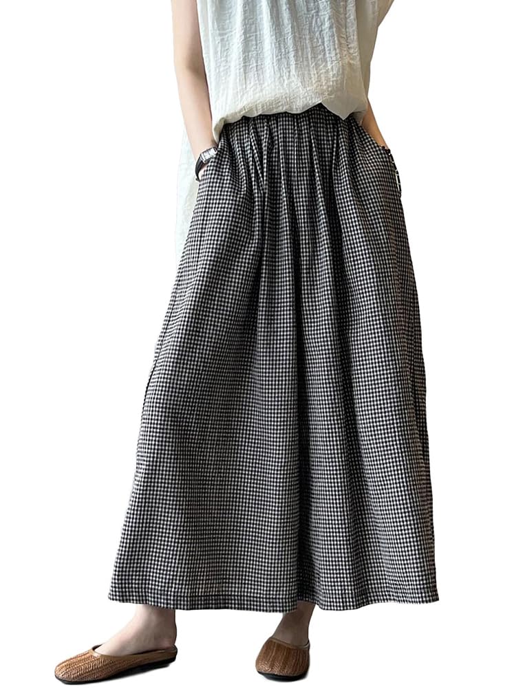 Lavnis Womens Cotton Linen Pants Elastic Waist Gingham Casual Wide Leg Palazzo Pants with Pockets