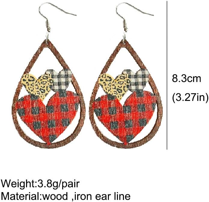 Valentines Day Love Heart Wooden Earrings Red Black Striped Plaid Lip Dangle Earrings Lightweight Cute Buffalo Leopard Printed Drop Earring for Women - Image 3