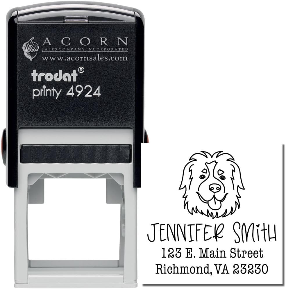 Square Self-Inking St Bernard Dog Face Outline Name and Address Stamp, Easy Press and Print Stamping, Available in 11 Ink Colors, Size 1-5/8"