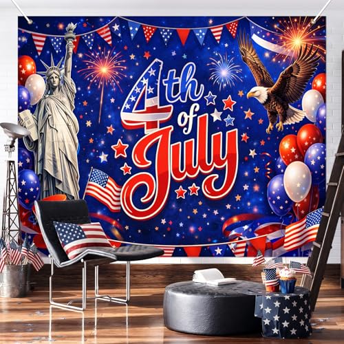 Image of BlissYard 4th of July Backdrop Independence Day Patriotic Decorations Statue of Liberty Bald Eagle Fireworks Party Banner 8x6ft Fourth of July Party Decor USA Patriotic Holiday Decoration