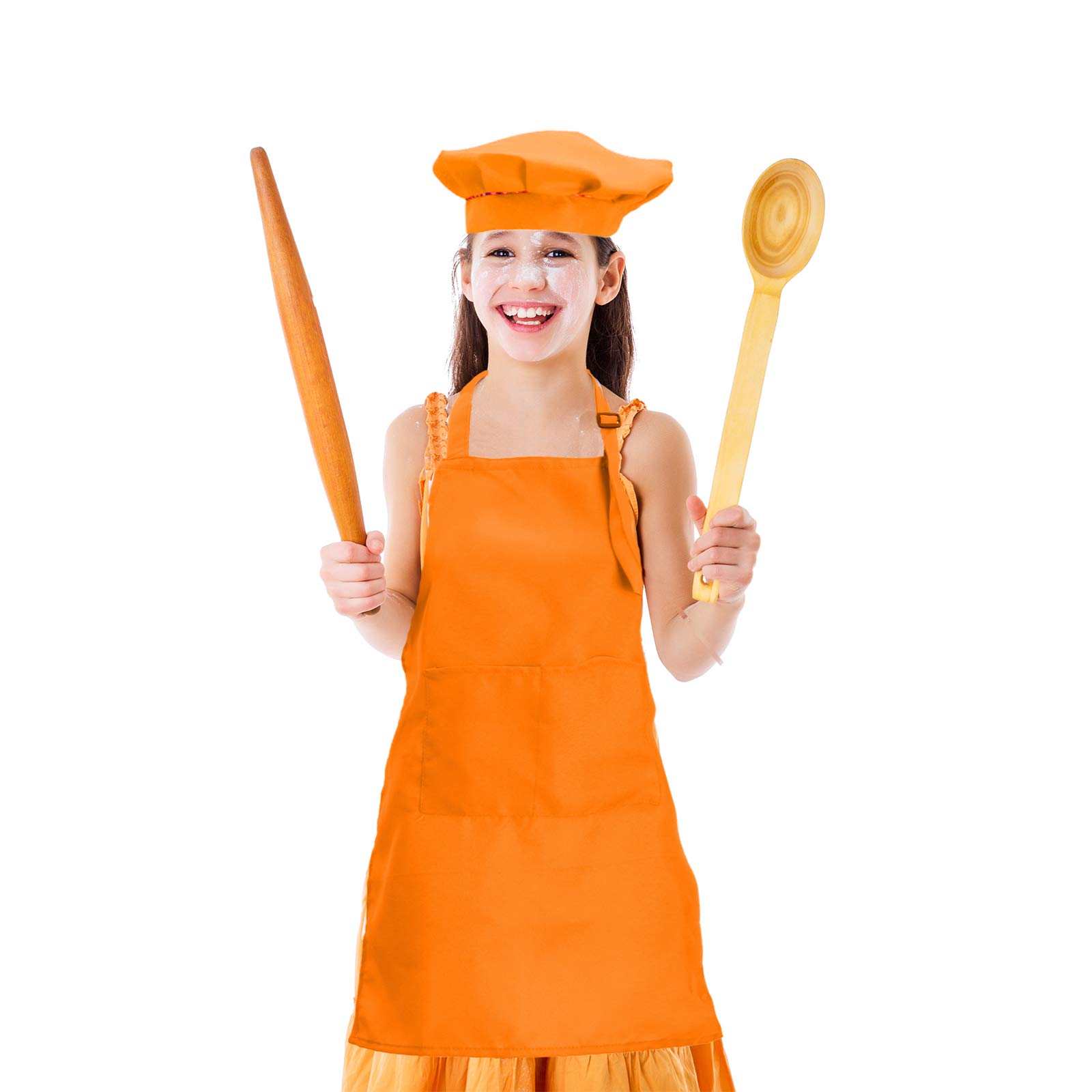 Juego de delantal y gorro de chef para niños y niñas, delantales ajustables, para cocina y hornear, para niños de 5 a 13 años de edad, 100% poliéster, Naranja, Large