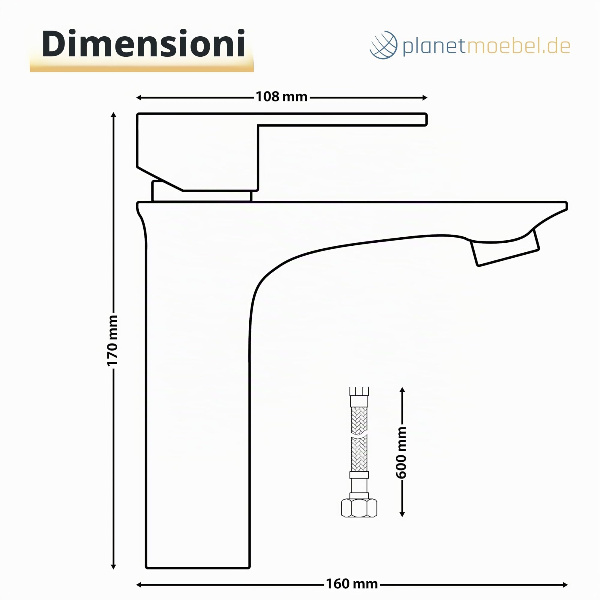 Planetmöbel Rubinetto miscelatore da bagno con cartuccia in ceramica, rubinetto per lavabo da bagno, miscelatore monocomando, altezza 17 cm, spazzola dorata
