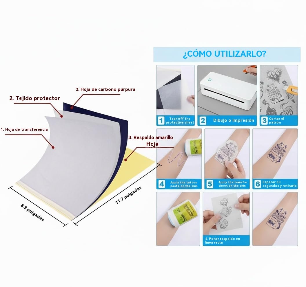 A401 Impresora de Plantillas para Tatuajes Bluetooth, 300DPI Impresora Térmica Portátil para Transferencias y Papel A4, Inalámbrica para Principiantes y Profesionales