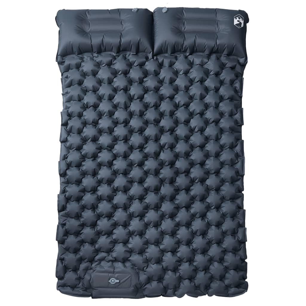 Materassino doppio autogonfiante con cuscino, 195 x 130 x 8,5 cm, da campeggio, per 2 persone, nylon 40D, grigio