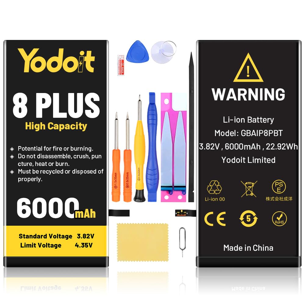 Yodoit for iPhone 8 Plus Battery Replacement 6000mAh Battery High Capacity 0 Cycle Replacement for Model A1864, A1897, A1898 with Repair Tool Kit & Adhesive